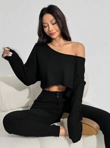 FavEase Autumn/Winter Basic Minimalist Textured Design Crew Neck Long Sleeve T-Shirt Fall Cloth For Women - Black - View 7