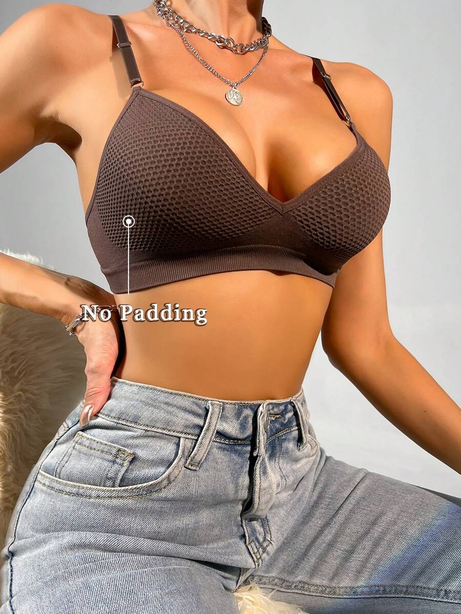Spaghetti Strap Bra, Wireless Bra (No Padding) - Mocha Brown - View 1
