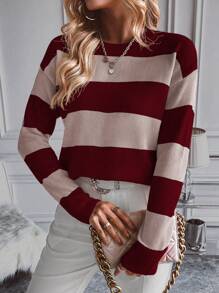 SHEIN LUNE Áo len nữ tay dài cổ tròn, tay trễ vai, kẻ sọc, kiểu dáng thường ngày, thích hợp cho mùa thu/đông. - Nhiều màu - Xem 3