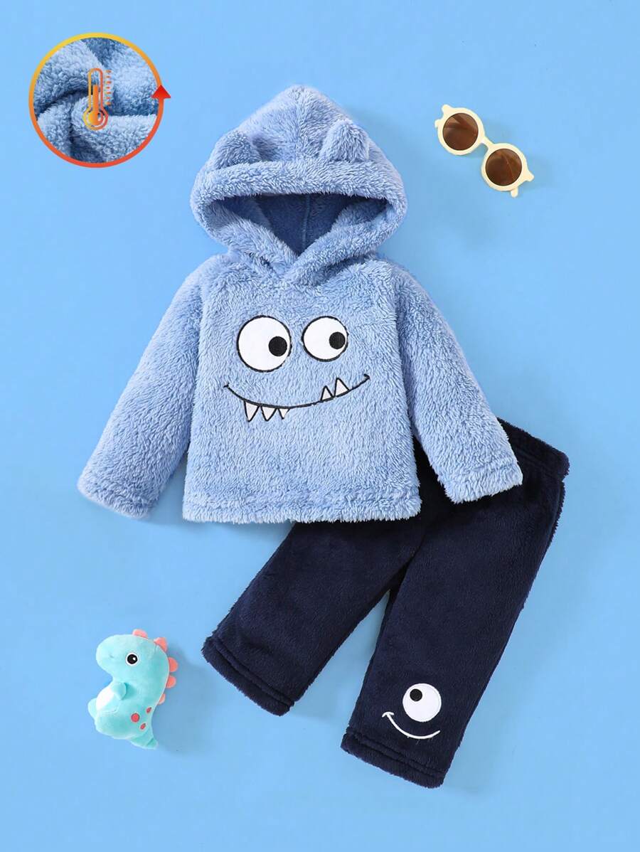 SHEIN Perso Play 2 件装男婴可爱怪物图案刺绣绿色羊毛连帽衫，带 3D 耳朵设计和刺绣裤套装，秋冬保暖，适合万圣节派对、摄影和郊游 - 彩色 - 查看 1