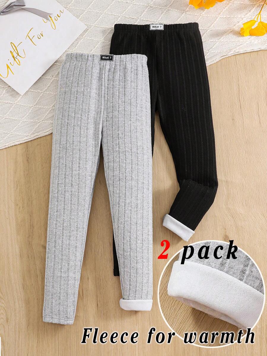 Tween Girl Knitted Thermal Lined Thermal Leggings With Applique Decor, Casual All-Match, Suitable For Autumn And Winter - Multicolor - View 1