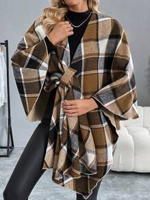 SHEIN Clasi 女式复古休闲优雅格子羊毛斗篷斗篷外套，秋冬 - 卡其色 - 查看 5