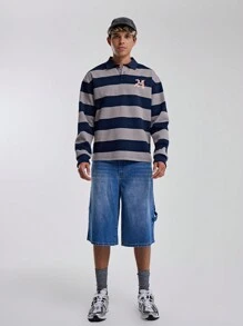 Musero Contrast Panel Striped Long Sleeve Collared Button Up Polo Style Top "A" Patch Detailing Autumn Winter Essentials - Multicolor - View 4