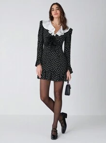 Enchnt 女士花卉印花荷叶边下摆优雅长袖 - 黑色 - 查看 4