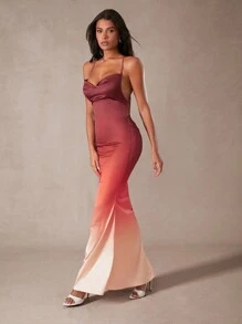 Hauture Vestido casual de otoño elegante para mujer con efecto ombré, plisado y bajo de sirena con espalda descubierta