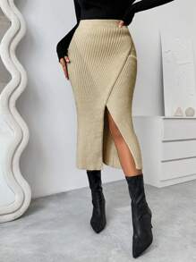 Chiquease Einfarbiger Midikleid-Pulloverrock mit geripptem Strick, Wickelfront und Schlitz-Saum