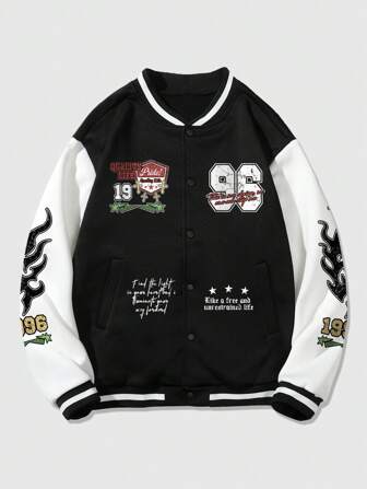 Street Life Men's Casual Street Slogan And Flame Print Color Block Baseball Bomber Jacket