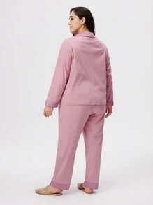 LUVLETTE Autumn And Winter Plus Size Classic Lapel Long Sleeve Trousers Pink Pajamas Suit Luxury Cotton & Imitation Silk Stitching Women's Lounge Sets Pink Lounge Sets Bridal Intimates Fall Pajamas