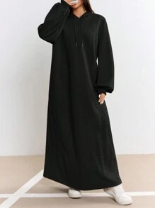 Mulvari Women Solid Color Hooded Casual Long Sleeve Sweatshirt Dress - Black - View 6