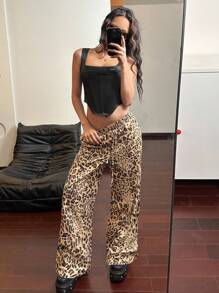 SHEIN ICON Low-Waist Leopard Cheetah Print Wide-Leg Y2K Comfy Baggy Pants