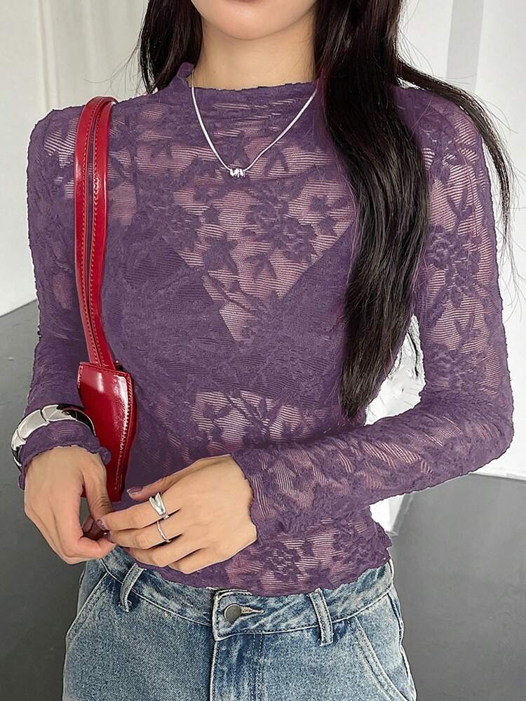 Sheer Lace Mock Neck Slim Fit Long Sleeve Blouse For Women,Fall Clothes