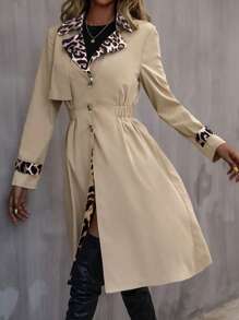SHEIN Clasi Women's Floral Pattern Random Cut Collar Leopard Patchwork Waisted Midi Trench Coat Jacket Fall Cloth For Women - Khaki - View 4