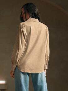 Anewsta Blouse à manches longues élégante et ordinaire pour femme avec rivets, couleur kaki - Kaki - Voir 2