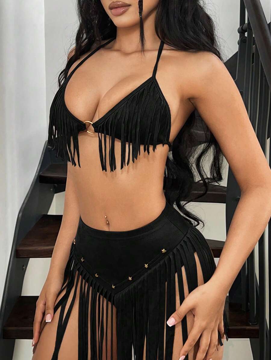 SHEIN ICON 流苏系带露背短款上衣 - 黑色 - 查看 1