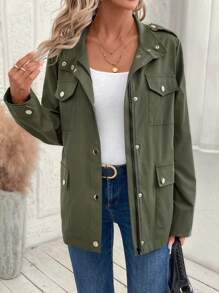EMERY ROSE Women Casual Multi-Pocket Zip Up Lightweight Jacket, Suitable For Autumn - Army Green - View 1