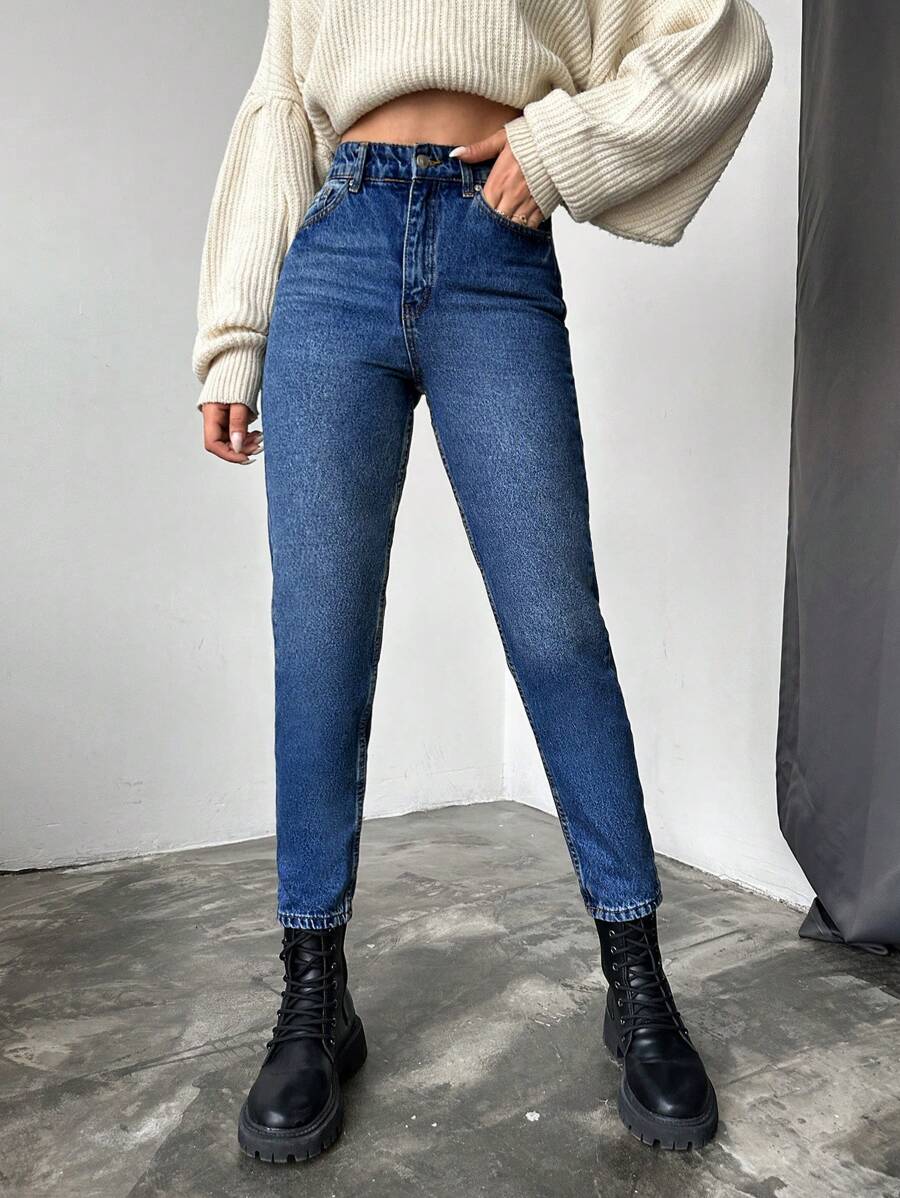 SHEIN Cottnline 100%Cotton Slim Fit Denim Jeans With Slant Pockets - Dark Wash - View 1