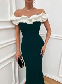 EURMUSE Two Tones Off Shoulder Ruffle Trim Bodycon Dress, Elegant Dress - Dark Green - View 4
