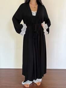 DAZY 3pcs Set Contrast Color Lace Patchwork Cami Top & Belted Robe & Pants Sleepwear Pajama Set, Back To School Clothes, Fall Winter Clothes - Black - View 3