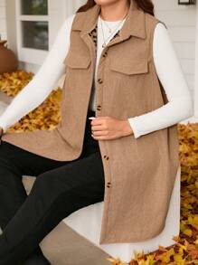 SHEIN LUNE 大码休闲纽扣灯芯绒无袖外套豹纹毛绒毛绒秋冬度假装保暖