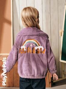 SHEIN 1 pieza Chaqueta para niña con bordado de arcoíris en la espalda, estilo lindo/retro/casual/para el hogar/para exteriores en invierno/otoño - Morado - Ver 3