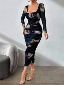 EURMUSE Square Neck Tie Dye Slim Fit Dress - Multicolor - View 5