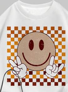 SHEIN 2 件套复古笑脸印花休闲圆领舒适长袖运动衫和紧身裤，适合秋冬季 - 彩色 - 查看 3