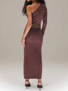 SHEIN Unity Twist Front Asymmetrical Long Sleeve Knitted Dress New Year Fall Cloth For Women - Brown - View 2