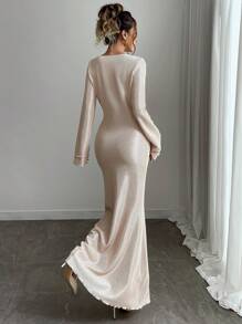 Chiquease Women Elegant Solid Color Pleated Bell Sleeve Mermaid Hem Fitted Dress, Spring/Autumn - Apricot - View 2
