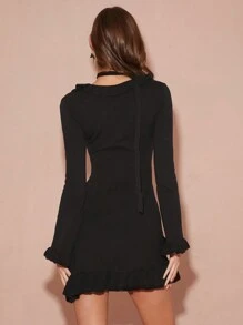 Enchnt Women's Elegant Black Ruffle Hem Slim Fit Sweater Dress Scarf Sweater Bottoming Dress Christmas Sweater Christmas Dress,