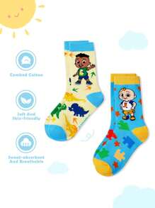 CoComelon X SHEIN 2 Pairs Kids Cartoon Dinosaur & Puzzle Pattern Color Block 100% Cotton Long Socks - Multicolor - View 3