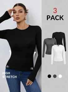 SHEIN Tall Women's Three Pieces Round Neck Casual Tight-Fitting Solid Color Long-Sleeved T-Shirt Pullover Set Suitable For Spring, Autumn And Winter, Tall Women - Multicolor - View 2