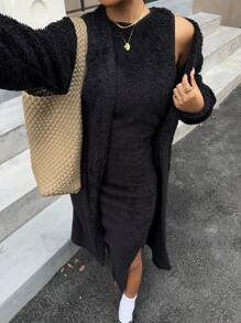 SHEIN EZwear 女式两件套长袖超长夹克和侧开衩背心裙 - 黑色 - 查看 3