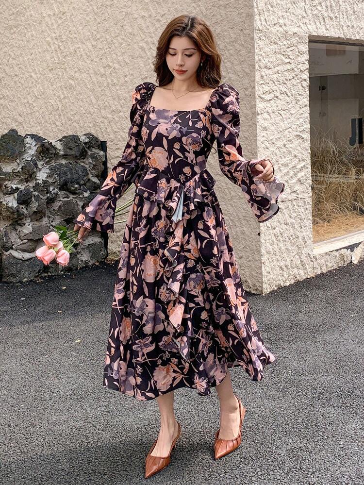 Square Neck Floral Print Mid-Length Dress For Women,Ruffle,Fall Clothes Long Sleeve Dress Maxi Dress Boho