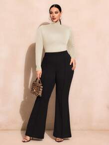 SHEIN SXY Plus Size Solid Color Slim Fit High-Necked Long Sleeve All-Match T-Shirt Basic Tees Fall - Beige - View 5