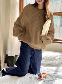 DAZY Áo len chui đầu cổ tròn dài tay màu trơn cho nữ - Màu nâu Sô-cô-la - Xem 4