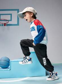 SHEIN Young Boys 2pcs/Set White Multicolor Splicing Sports Tracksuit,Autumn School Fashion Campus Street Letter & Ball Print Sweatshirt & Pants Daily Wear - Multicolor - View 3
