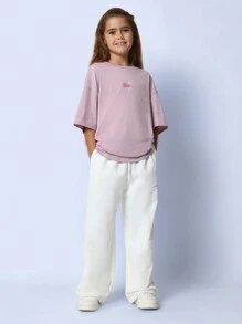 SUMWON 青少年女孩日常超大版型短袖 T 恤，背面有图案印花 - 淡紫色 - 查看 3