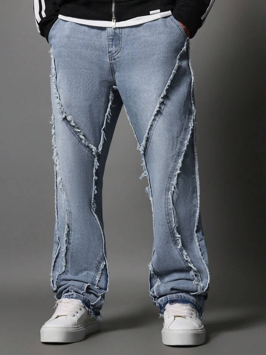 SUMWON Quần Jeans Loe Fit Washed Raw Edge Curve - Màu xanh lam - Xem 1