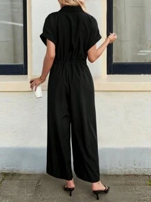 INAWLY Women's Casual Solid Color Drawstring Waist Short Sleeve Jumpsuit, Summer