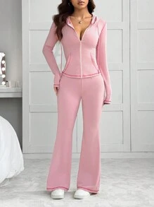 SHEIN EZwear 女士新款瑜伽运动撞色拼接修身连帽夹克和喇叭裤套装 - 粉色 - 查看 2