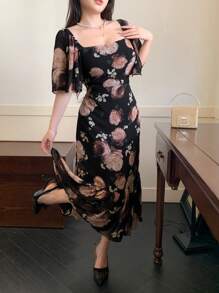xheDAZY Vestido de gasa con estampado floral diminuto, cuello cuadrado, ribete de volantes y bajo de cola de pez, elegante conjunto de vacaciones de verano para mujeres, estilo boho para Pascuaxhe - Rosa Oxidada - Ver 6