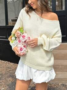INAWLY Women Casual Loose Fit Solid Color Drop Shoulder Sweater, Autumn/Winter