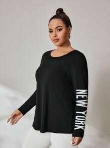 Easithlete Plus Size Women Casual Letter Print Long Sleeve Loose Sports T-Shirt, Autumn - Black - View 4