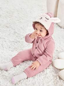 SHEIN Mameluco lindo de pana con estampado de dibujos animados y forro cálido para otoño/invierno para bebés niñas - Rosa - Ver 2