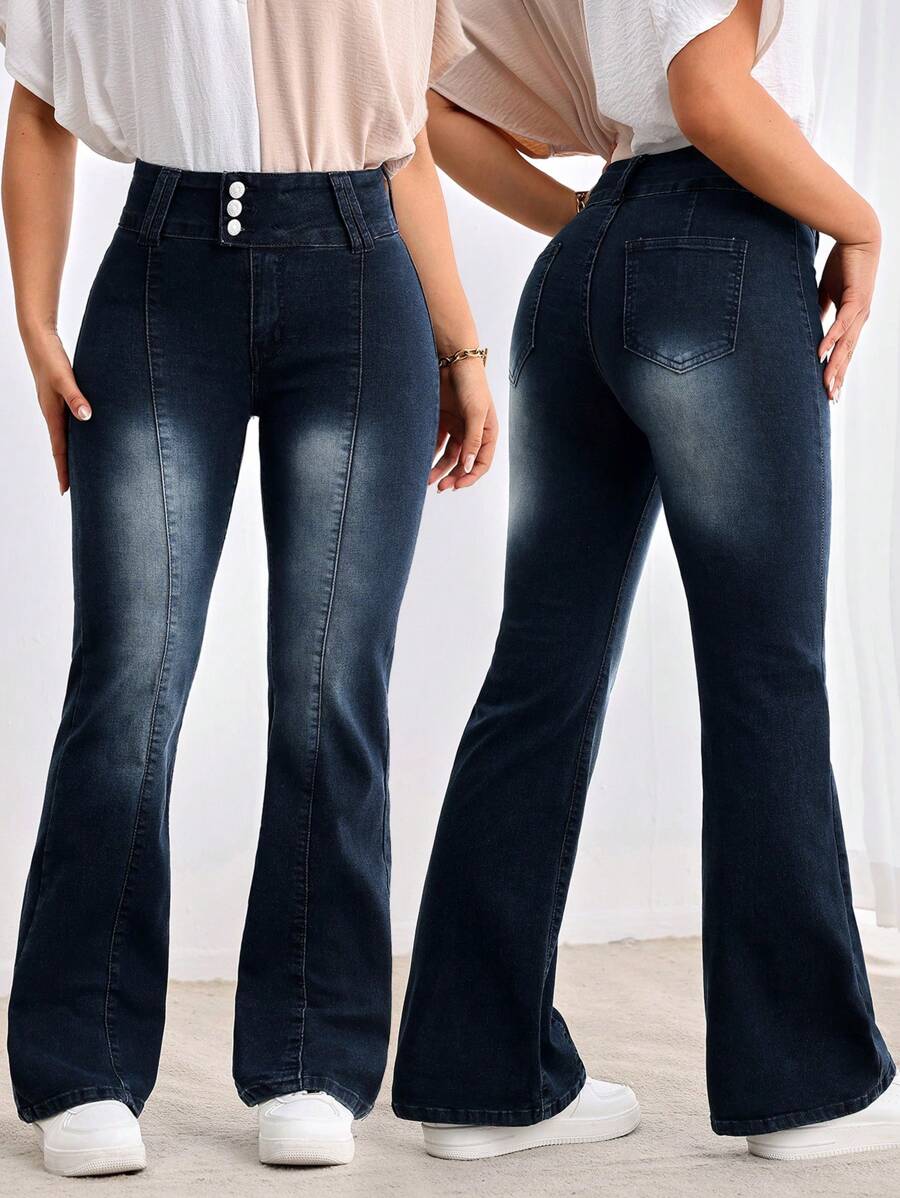 SHEIN LUNE 女士休闲水洗复古修身喇叭腿牛仔裤 - 藍色 - 查看 1