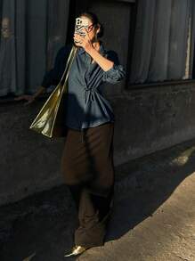 DAZY 女式前扣前系带长袖牛仔上衣 - 深色水洗藍 - 查看 6