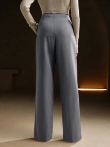 Anewsta Pantalones de traje de mujer con adorno de perla en la cintura - Gris - Ver 2