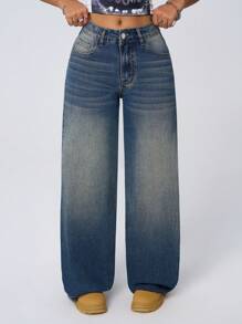 Jeanoix Quần Jeans Ống Rộng Phong Cách Grunge Cạp Thấp Quần Jeans Ống Thẳng Cổ Điển Cho Nữ - Rửa tối - Xem 1