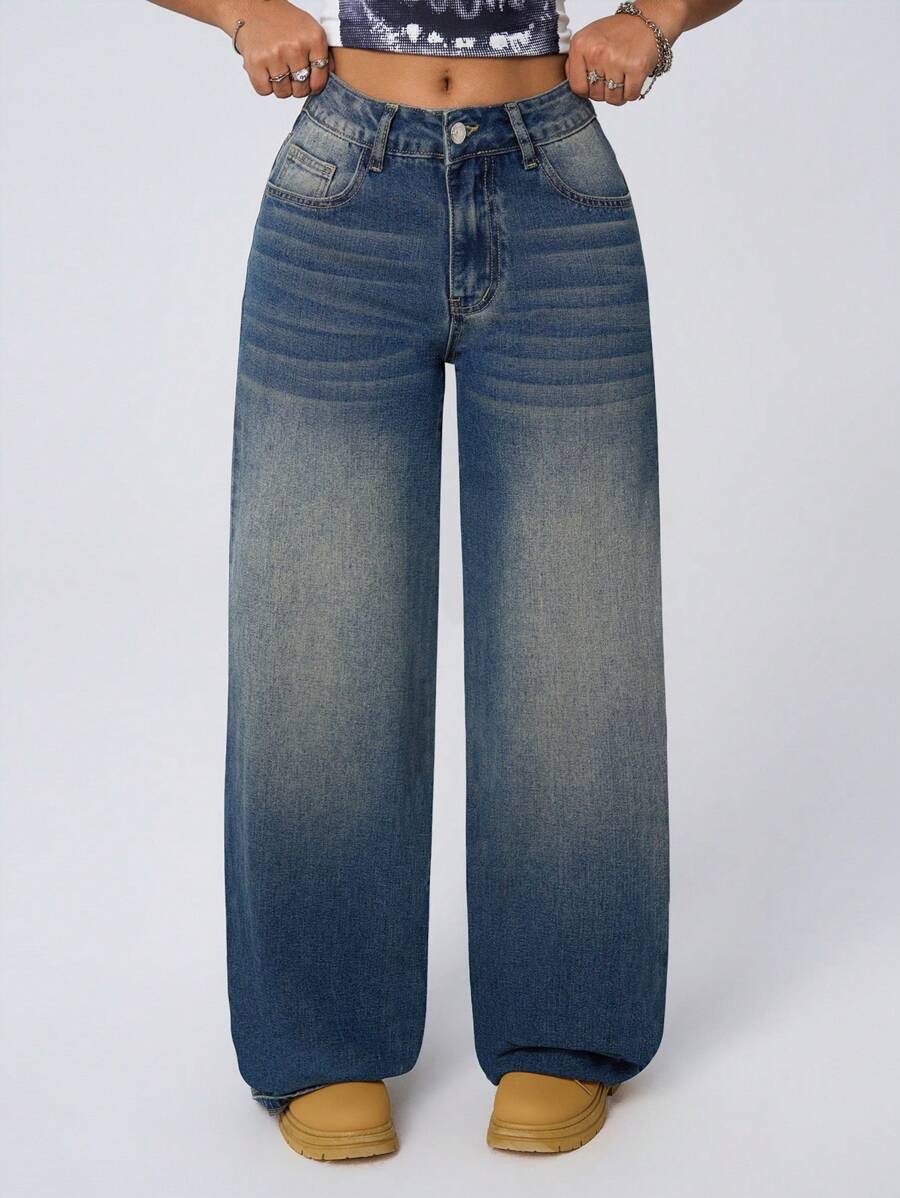 Jeanoix Quần Jeans Ống Rộng Phong Cách Grunge Cạp Thấp Quần Jeans Ống Thẳng Cổ Điển Cho Nữ - Rửa tối - Xem 1