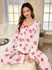 Floral Print Square Neck Bow Decor Women Pajama Set